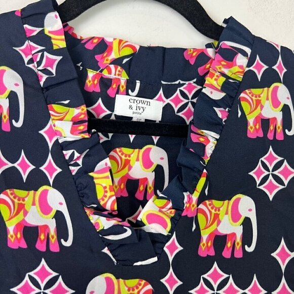 Crown & Ivy Elephant Print Ruffled Neck Shift Dress Petite 6P Sleeveless - Picture 4 of 13